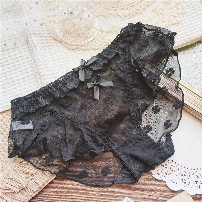 Cute Ruffled Soft Mesh Comfortable Lace Leaves Fresh and Sexy Low Waist Women\'s Panties Perspective Bow Style Underwear Panties