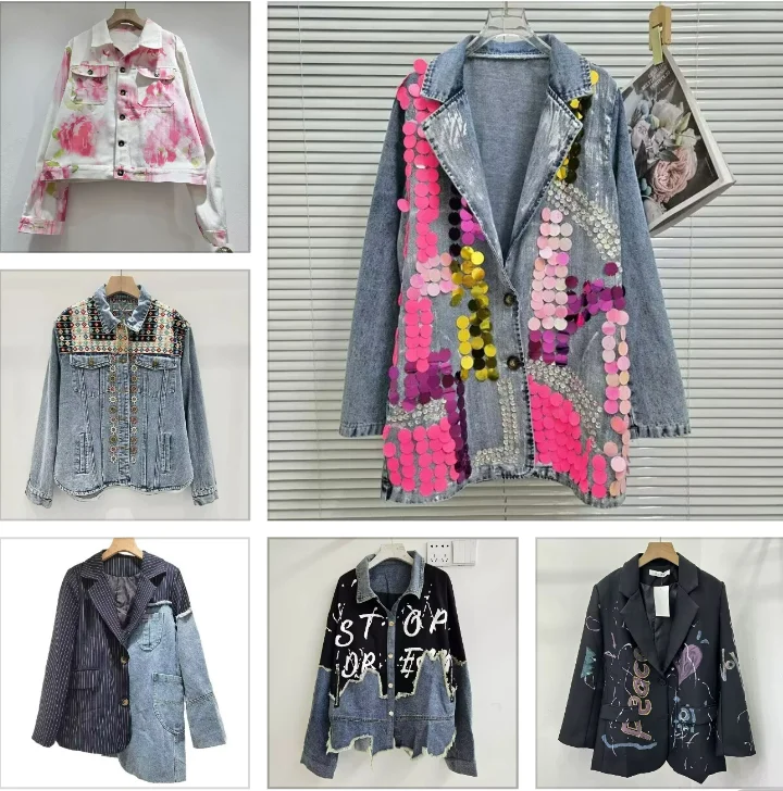 The foreign trade color-blocking and patchwork denim jacket with letter-printed loose women's jacket is popular and versatile