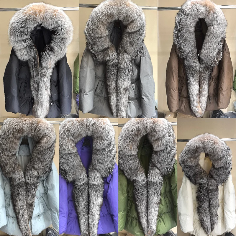 2025 New Winter Women Natural Silver Fox Fur Collar Coats Goose Down Jacket Outwear Female Coats Hooded Parka Puffer Jackets