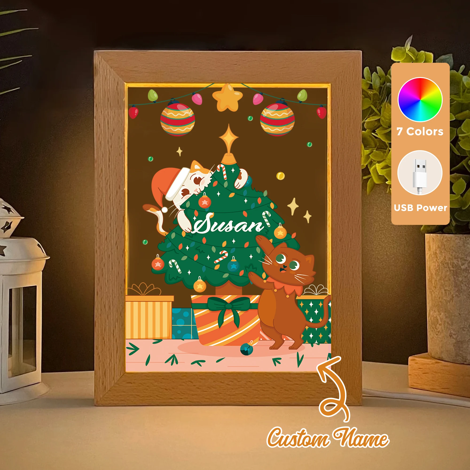

Custom Name Cat Party LED Acrylic Night Light Wood Photo Frame 21x17cm Christmas Cartoon Children Bedroom Gifts Home Decor