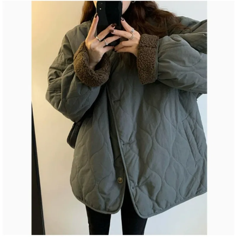 

Chic Autumn Winter Lamb Velvet Lined Warm Single Button Stand Collar Wave Line Jaet Cotton Outerwear Women Loose Fit Coat