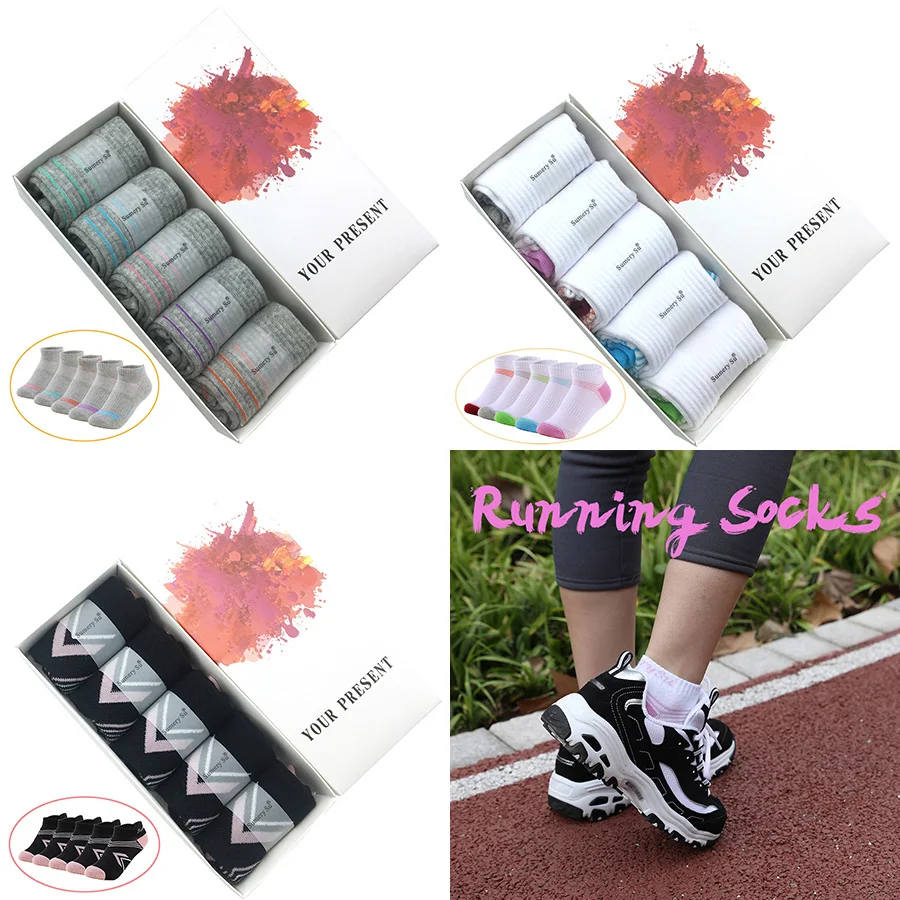 5 Pairs/Box Running Socks Women Casual Ankle Outdoor Cotton Colorful Stripes Breathable Grey White Short Sock Girl Gift Box Pack