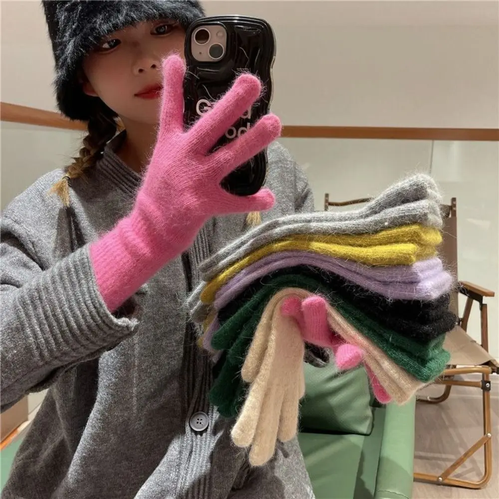 Striped Thermal Knitted Gloves Thickened Rabbit Fur Knitted Gloves Windproof Cold Resistant Split Finger Long Gloves
