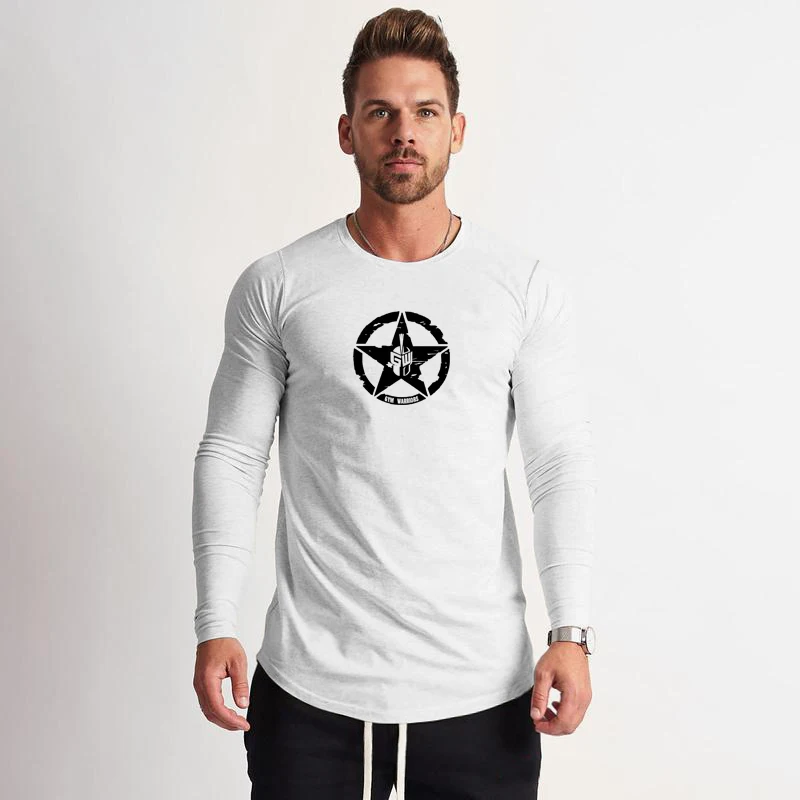 Men'S Cotton Running T-Shirt Long Breathable Autumn Winter Gym Fitness Muscle Workout Top Solid Print Casual Slim Fit Sportswear