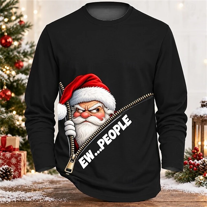 2026 New Men's Fun Christmas Long-Sleeve Sweatshirt Santa Print Crew Neck Loose Comfortable Festive Party Street-Style Top
