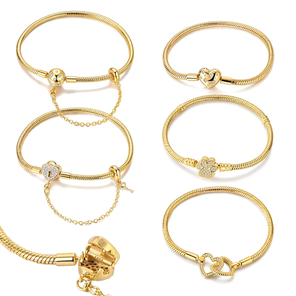 Trendy 925 Silver Snake Bone Bracelet with Double Heart Key Lock Clover Paw Print and Starry Full Moon Design Women's Accessory