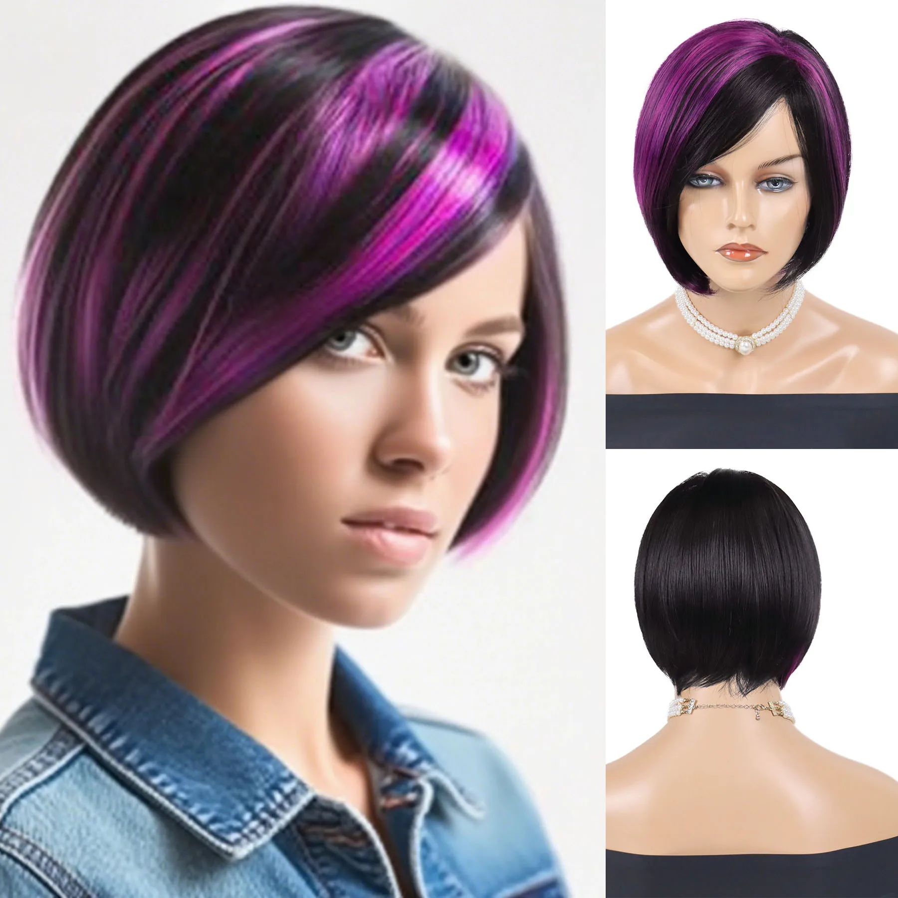 

Short Bob Wig Synthetic Hair Black Mix Purple Cosplay Wigs with Bangs for Women Daily Party Halloween Costume Heat Resistant