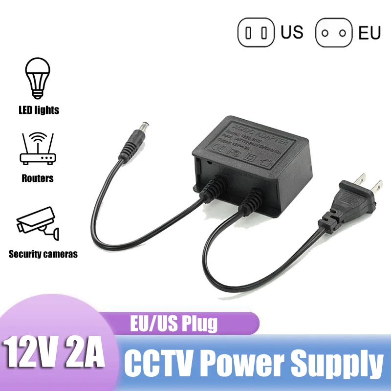 24W 12V 2A AC-to-DC Power Supply 5.5x2.1mm with US/EU Plug for CCTV LED Light Strip NVR DVR Home Surveillance Camera