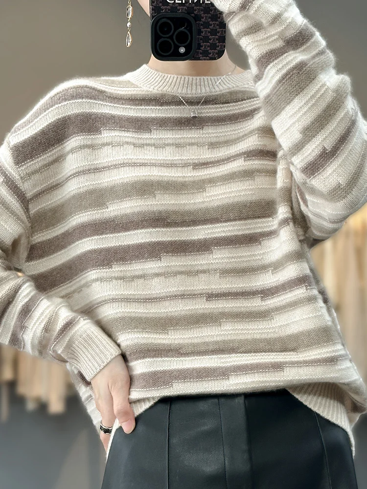 100% pure merino sweater 2023 autumn and winter new women's round neck pullover striped knit top women's coat
