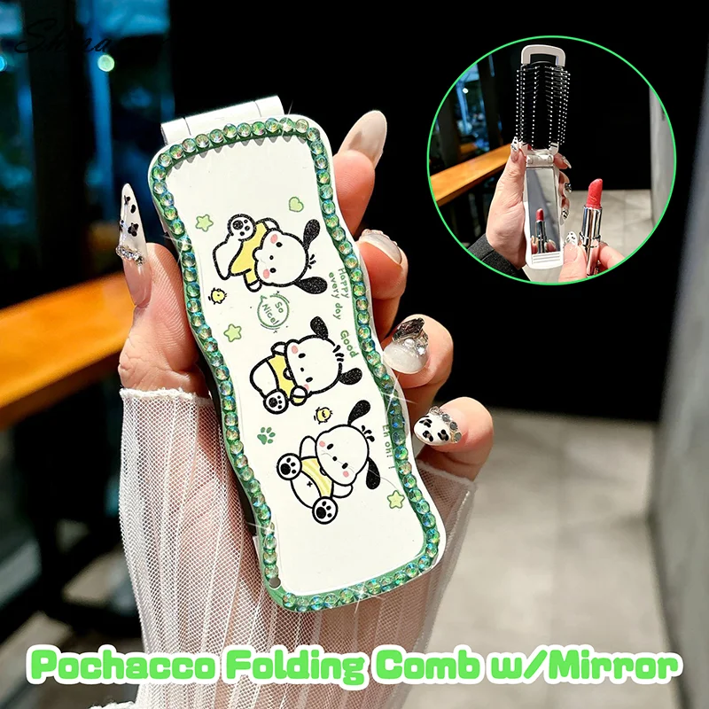 2-in-1 Pochacco Folding Airbag Comb Kawaii Anime Sanrio KT Cat Portable Makeup Mirror Dual-use Rhinestones Comb Mirror