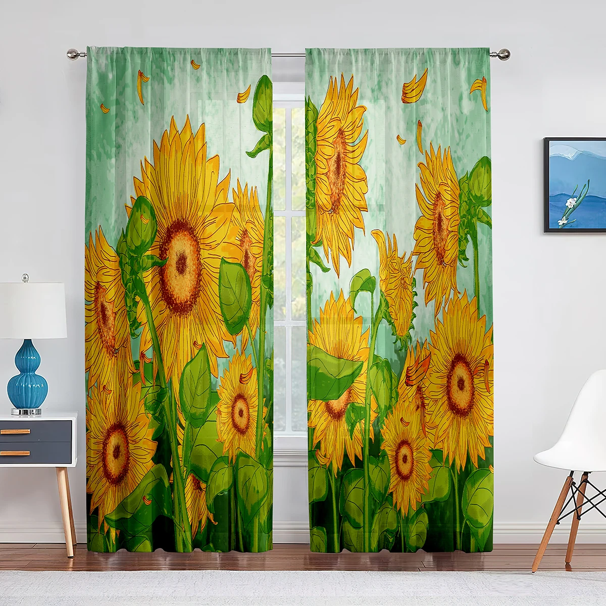 Oil Painting Sunflower Yellow Flowers Artwork Curtains for Living Room Bedroom  Kitchen Window Curtain 2Panels Rod Pocket Drape