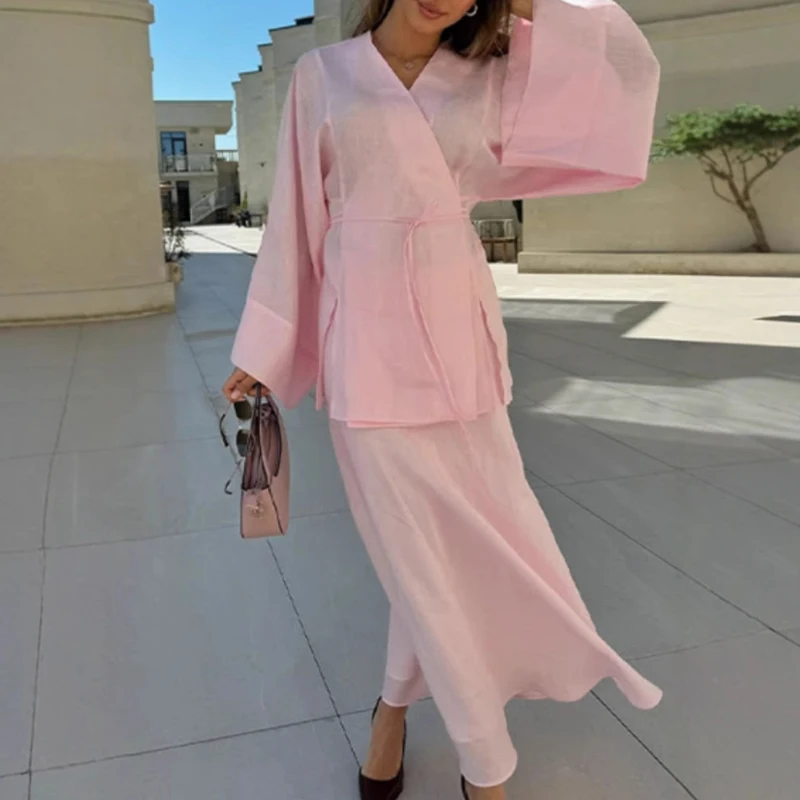 

GELITAYIN 2025 Spring Summer Street Loose Two Piece Sexy Ladies V Neck Long Sleeved Top And Skirt Outfit Elegant Solid Color Com