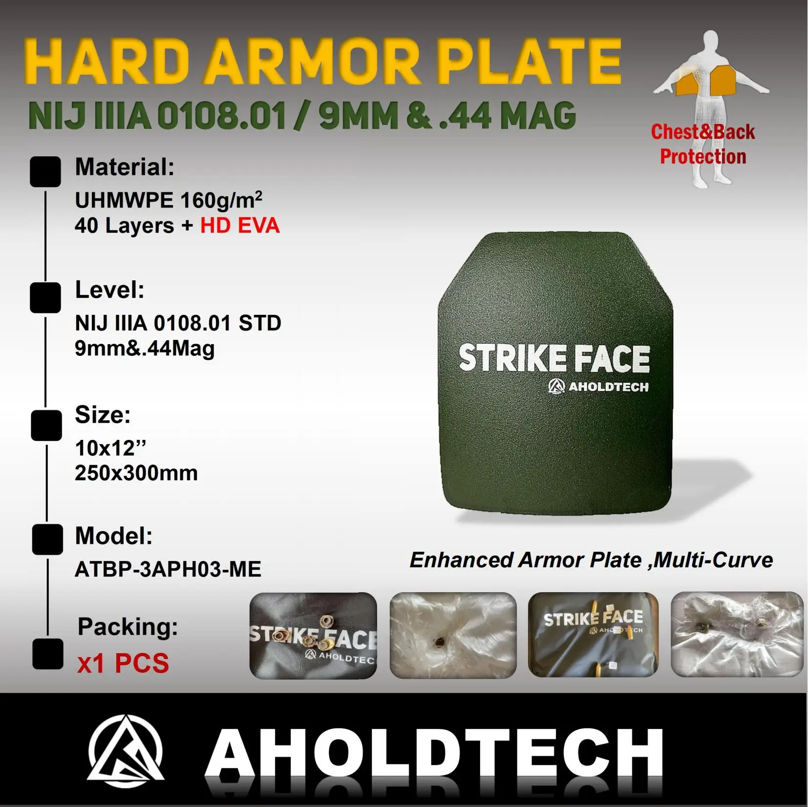 Aholdtech Genuine Enhanced 10x12 Linex Multi Curve NIJ IIIA 3A Lightweight Hard Armor Ballistic Bulletproof Plate