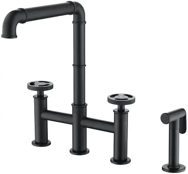 Industrial Pipe Style Bridge Sink Faucet Centerset Black Kitchen Faucet