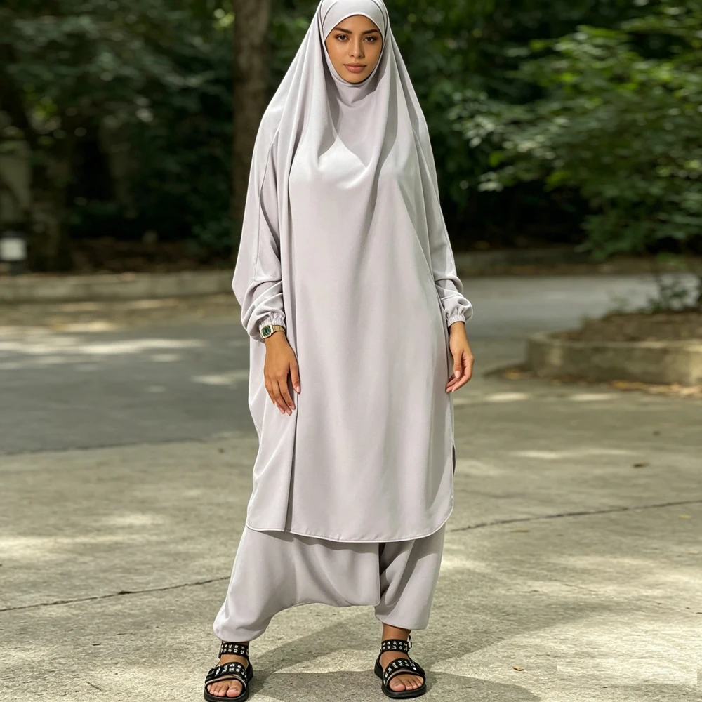 

2 Piece Set Prayer Clothing Full Cover Abaya Dress Eid Hooded Ramadan Muslim Islamic Long Khimar Gowns Women Baggy Harem Pants