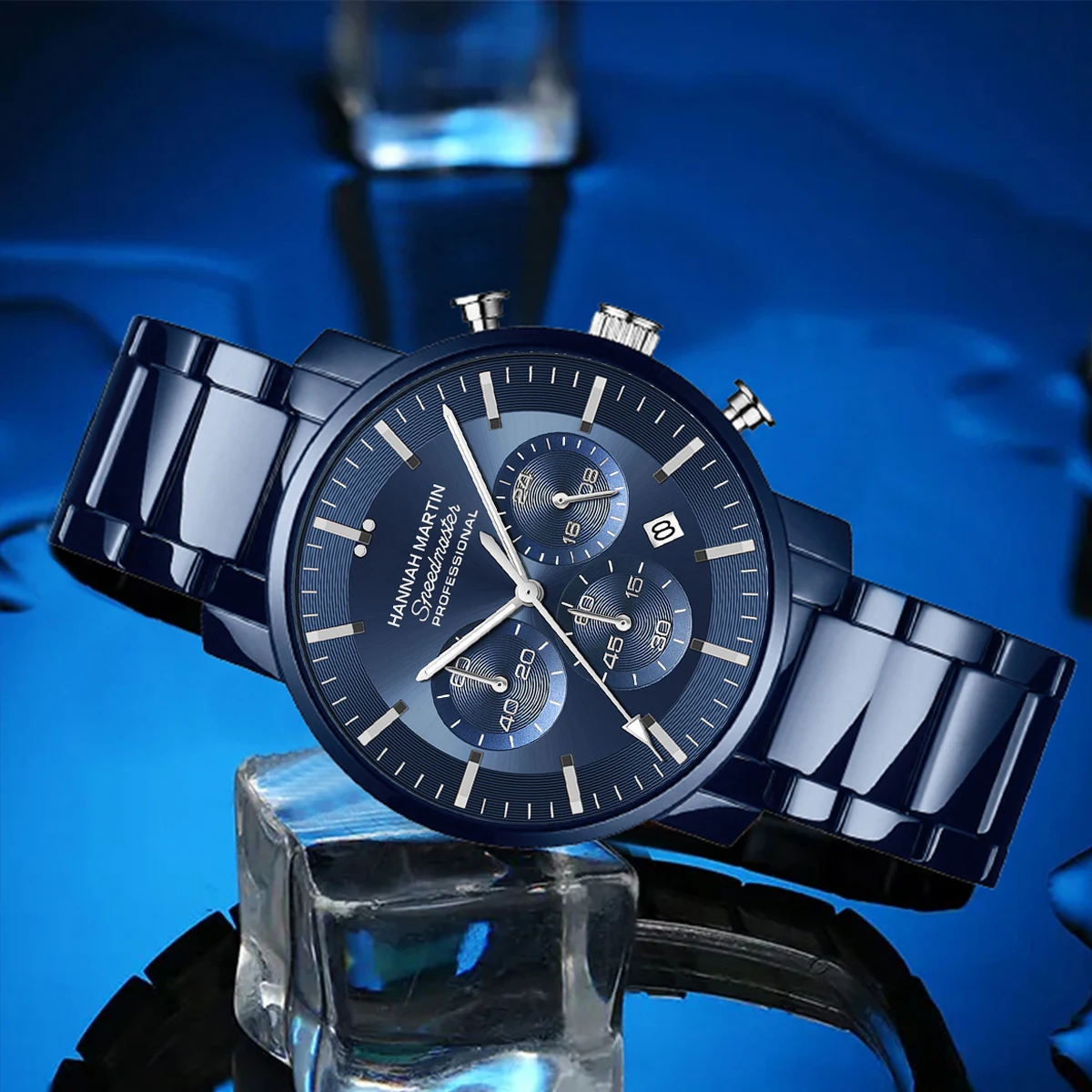 Hannah Martin Watch 46mm Case Multifunctional Timing Dial Blue Stainless Steel Leisure Quartz Waterproof Watches Freee Shipping image 5
