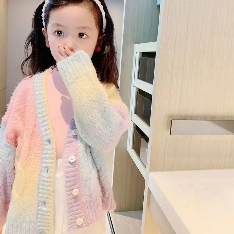 New Rainbow Knitted Cardiganr Infant Toddler Child Sweet Kawaii Sweater Coat Fashion Girls Gradient Jacket Clothes