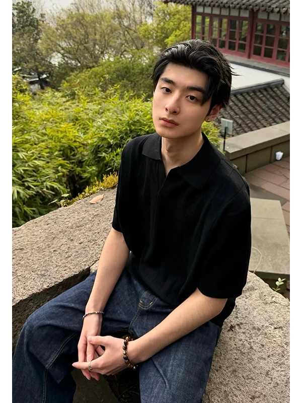Black Knitted  Shirt Textured Stripe Design Short Sleeve Men's Summer Style Casual Fashion T-Shirt Half Sleeve Husbands Look