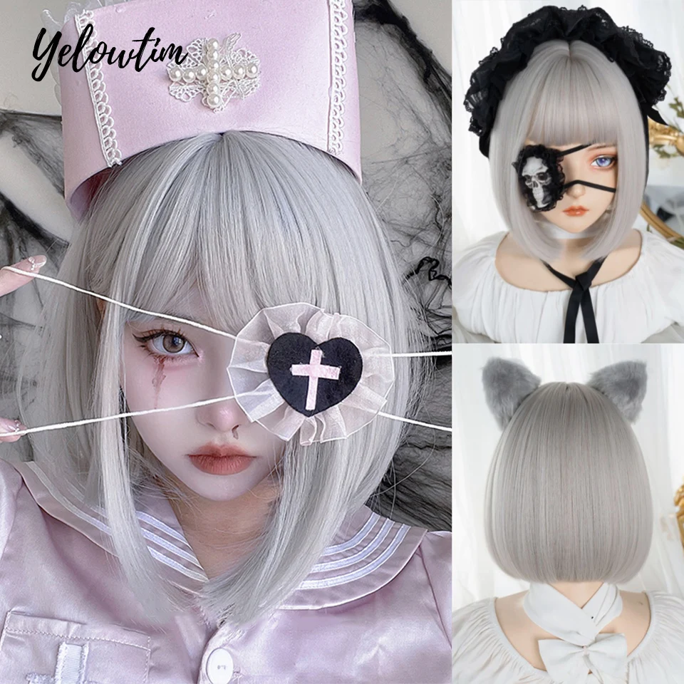 

Short Grey White Synthetic Natural Hair Wigs for Women Bob Straight Wig with Bangs High Temperature Daily Cosplay Party Wigs