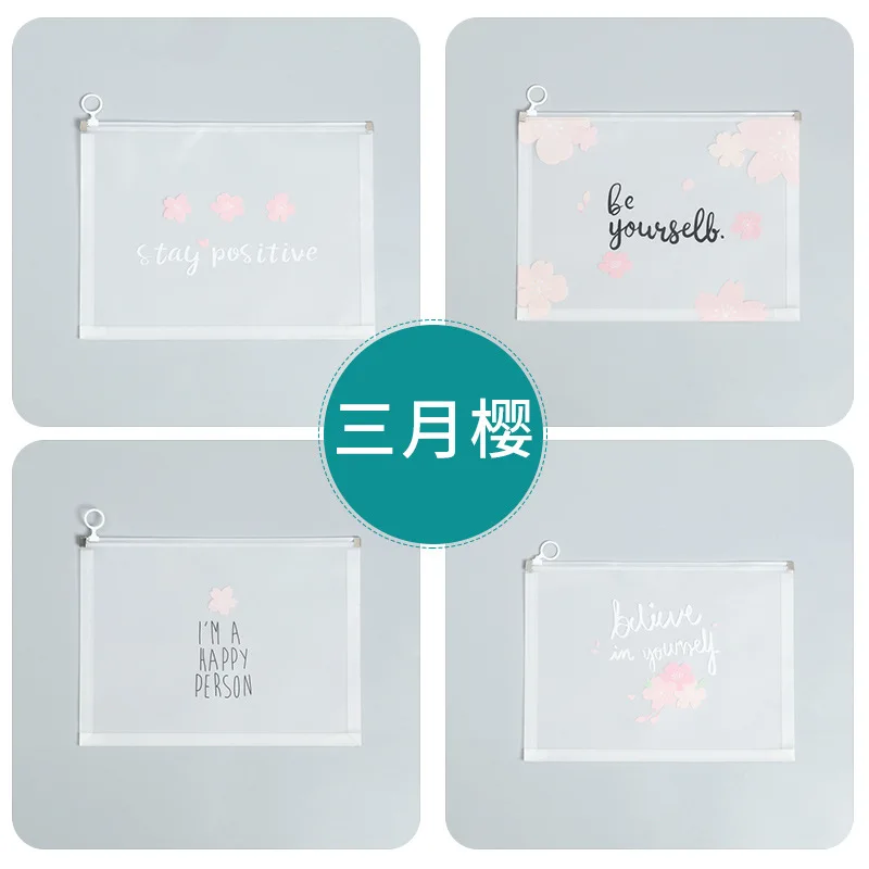 4pieces/set Of A4 Transparent Bags Folders File Jackets Snap On File Pockets Pink Sakura Pattern