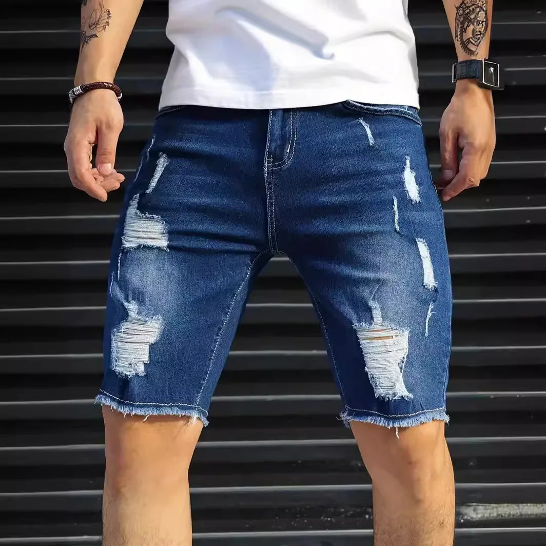 

2025 New Summer Men Slim Fit Blue Ripped Denim Shorts Trendy Versatile Five Inch Length Casual Pants