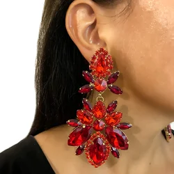 Shine Red Rhinestone Water Drops Earrings for Women Queen Accessories Crystal Stud Statement Dangle Earrings Jewelry Party