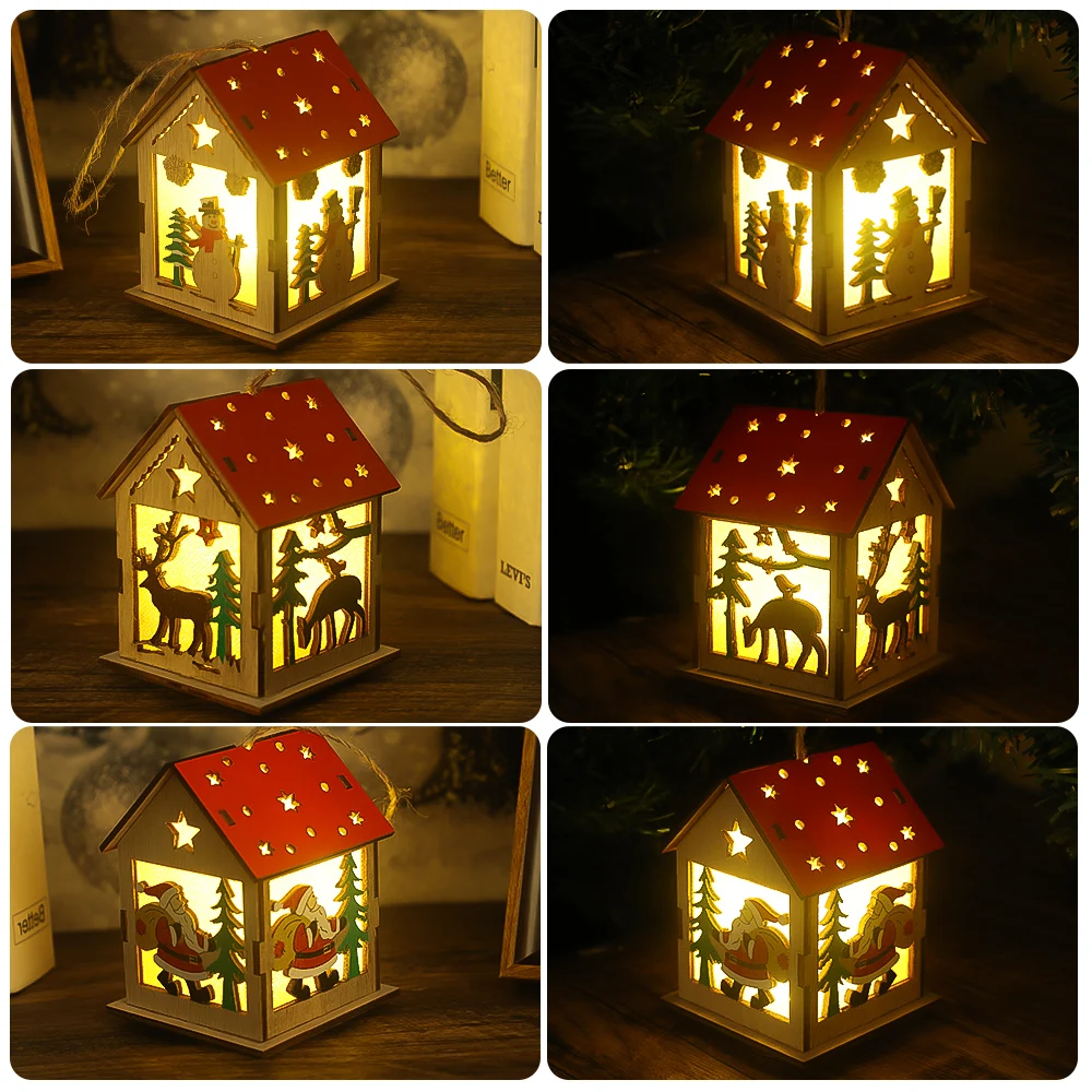 Christmas Night Light Wooden Luminou Chalet Ornaments Xmas Tree Hanging Pendant Bedroom Table Lamp Christmas Home Decor Light