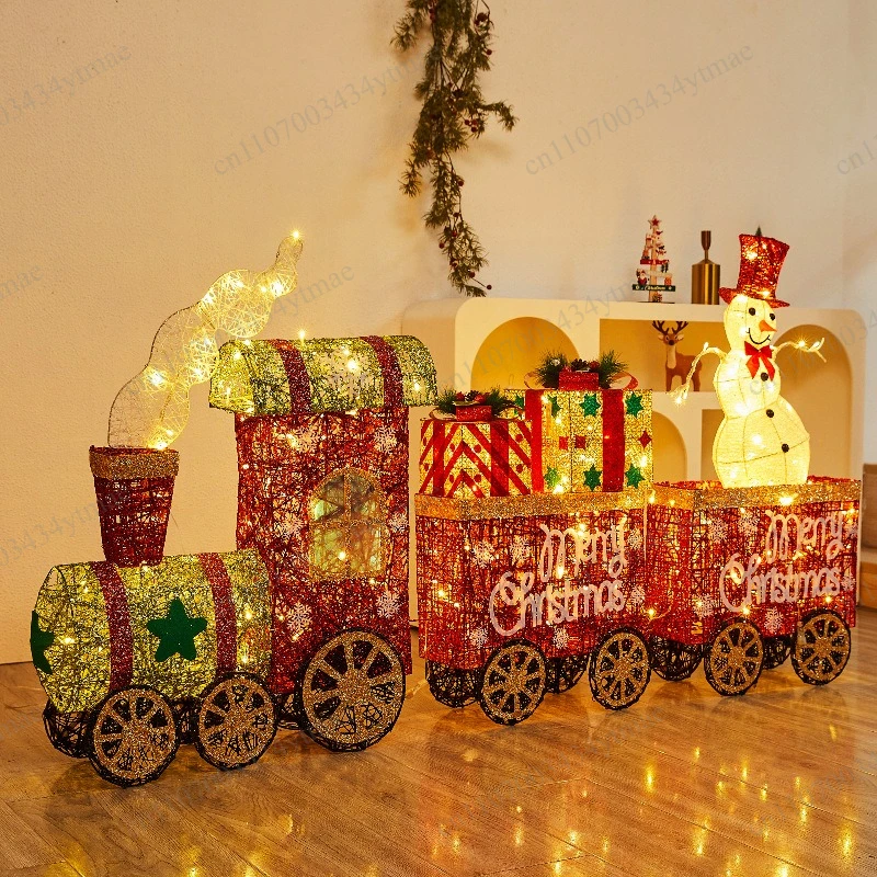 Wrought Iron Luminous Christmas Train Ornament Cartoon Snowman Pulling Gifts Shop Window Xmas Decoration