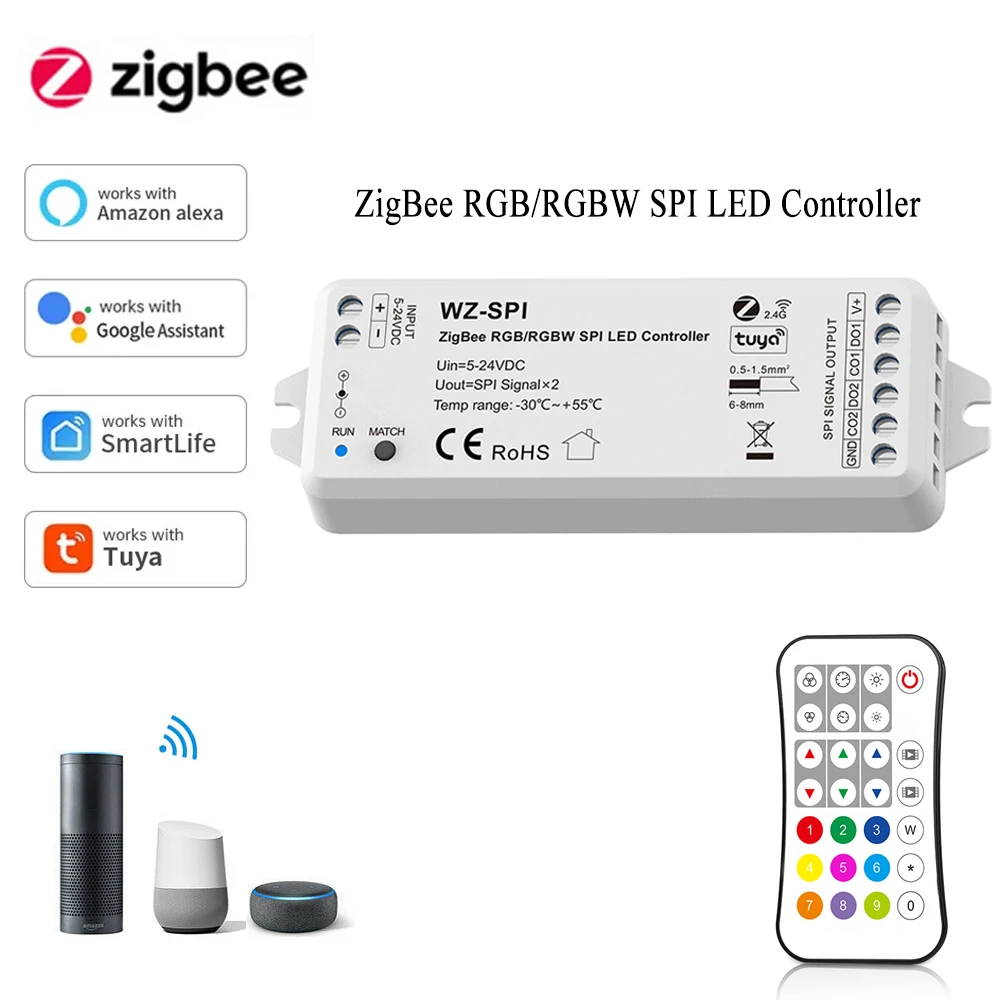 Контроллер TUYA Zigbee SPI для светодиодной ленты RGB RGBW, лампа с дистанционным управлением, модифицируемая лента WS2811 2812B, 5 В, 12 В, 24 В,