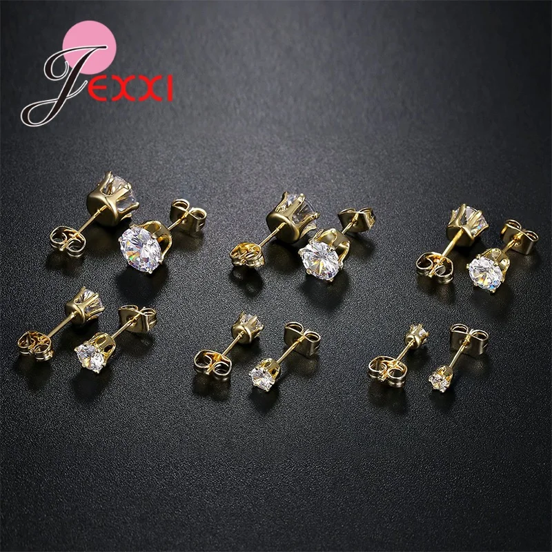 6 Pairs 3/4/5/6/7/8MM Mix Size 925 Silver Needle Rhinestone Claw Setting Simple Classic Stud Earrings for Man Woman Girl Boy