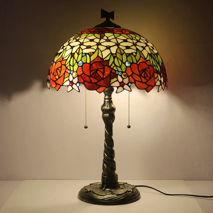 16Inch European Design Roses Peony Jeweled Stained Glass Handcrafted LED Table Lamp with E26 Bulb Base