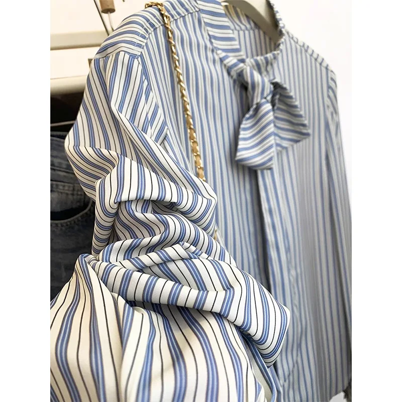 Femme Primavera Estate Moda coreana Colletto con stampa bottoni Camicia da donna Semplicità Cardigan a maniche lunghe a righe alla moda