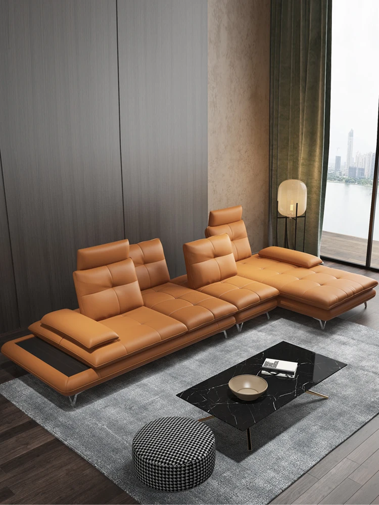 Leather sofa, cowhide orange light luxury modern simple multi-functional front and rear moving backrest net red leather sofa