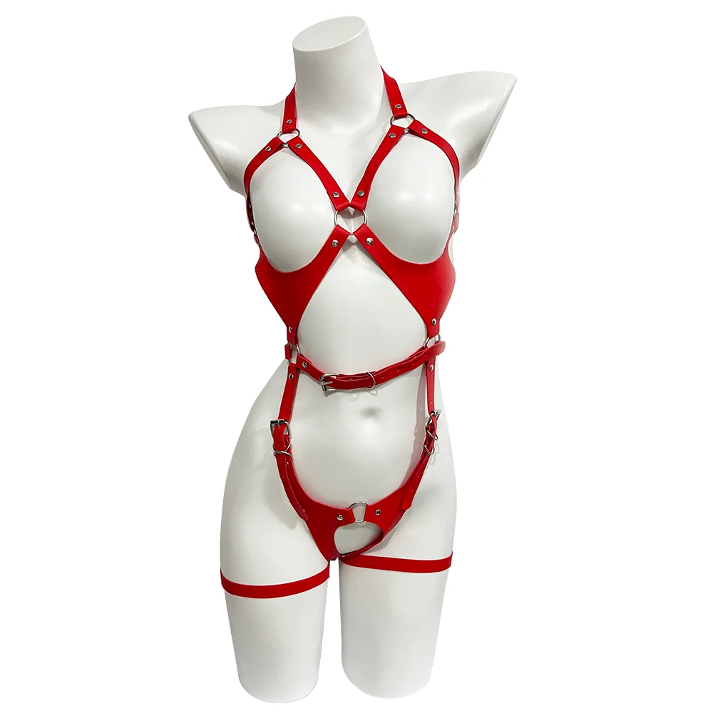 Red Trendy Sexy Women Full Body Harness Belt Leather Lingerie Thigh Garter Goth Adjustable Lingerie Harness Fetish Clothing