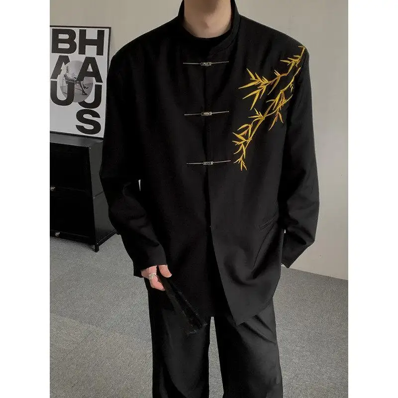 New Chinese Style Men's Engagement Suit Set DK Collar Zhongshan Suit Gold Bamboo Embroidery Adult Ceremony Formal Wear Class ...