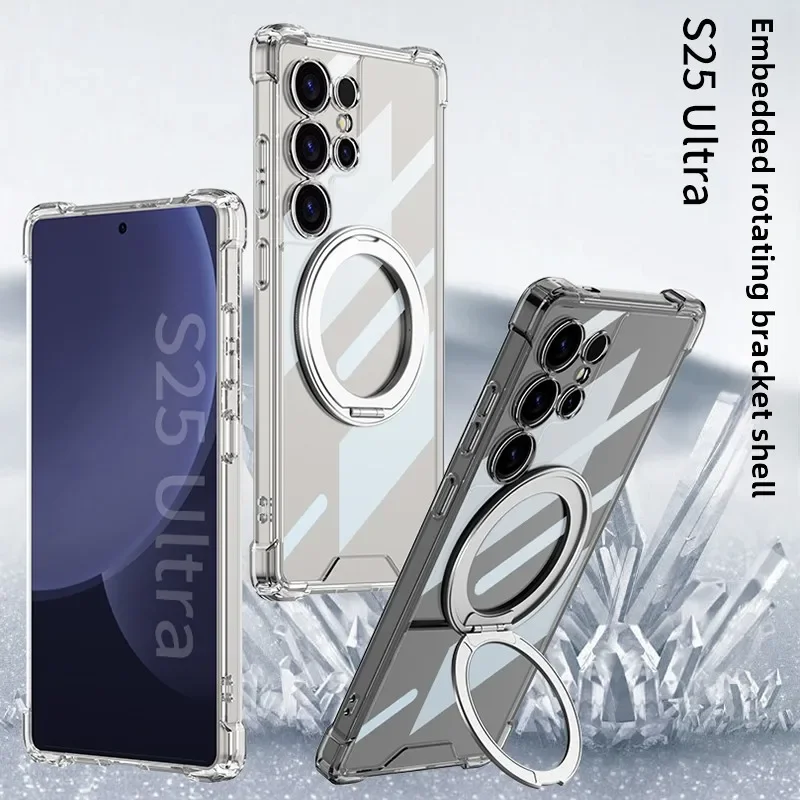 For Samsung Galaxy S25 Ultra 5G Case Ultra-Thin Luxury Clear Matte Leather Magnetic Rotating Bracket Shockproof Back Accessories