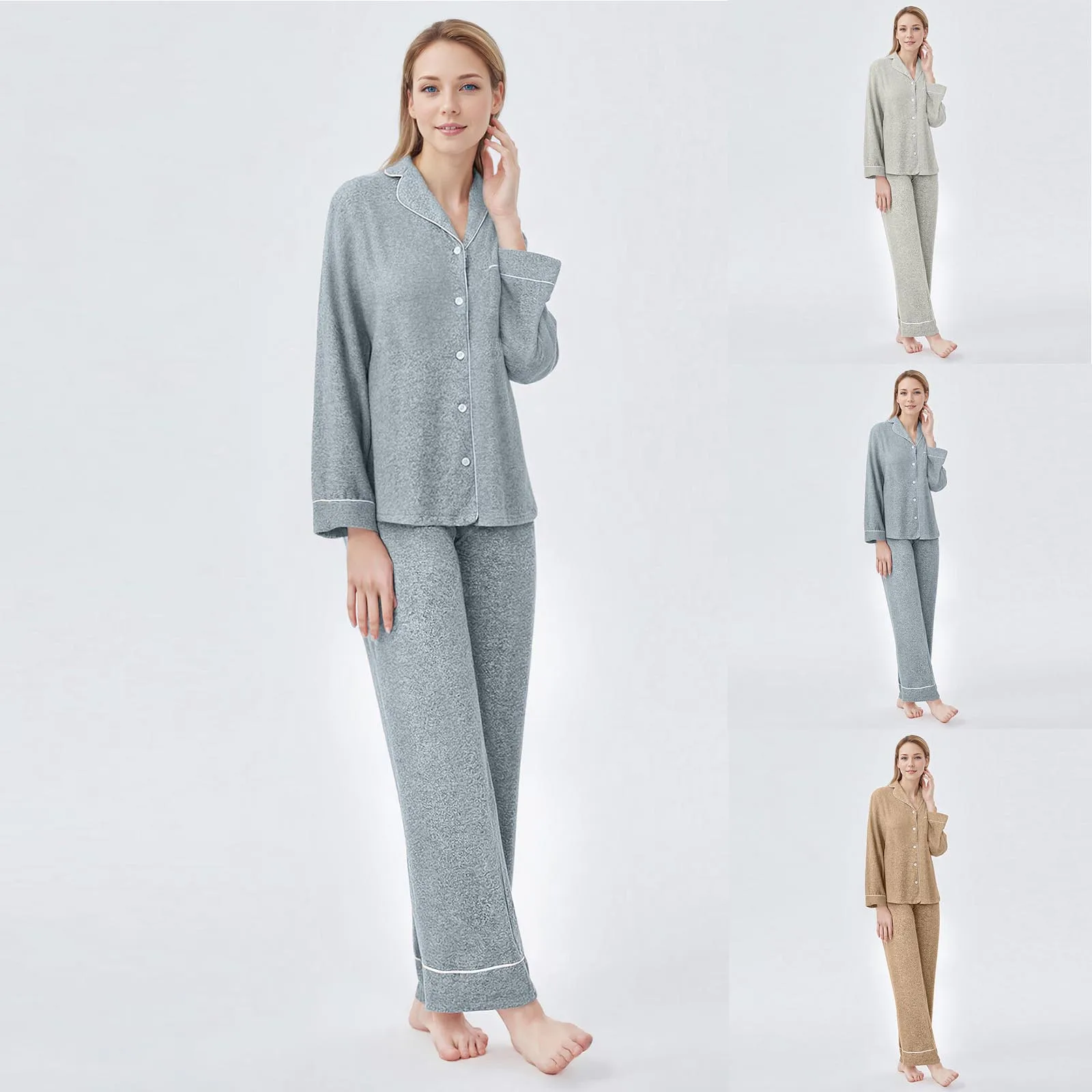 Women Pajamas Sleepwear Nightclothes Black Champagne L Xl Long Sleeved Shirt And Trousers Solid Color Casual Smooth Sets