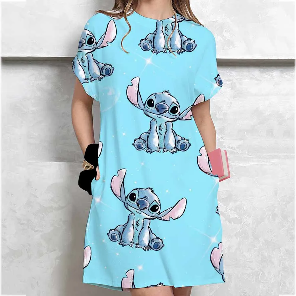 トレンドレディースラウンドネック膝上丈ドレスカジュアルディズニーステッチプリントミニドレス夏半袖クールロングTシャツ