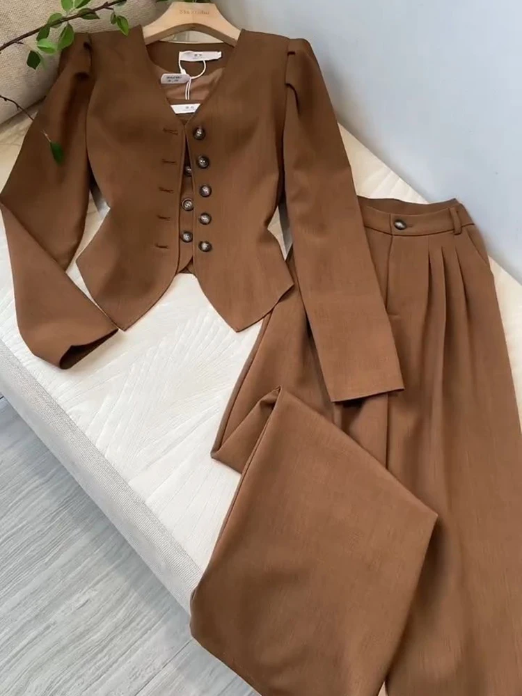 2024 Spring French Small Fragrant 3 Piece Sets Women Autumn Fashion Coat Sleeveless Jacket High Waist Wide Leg Pants Suits