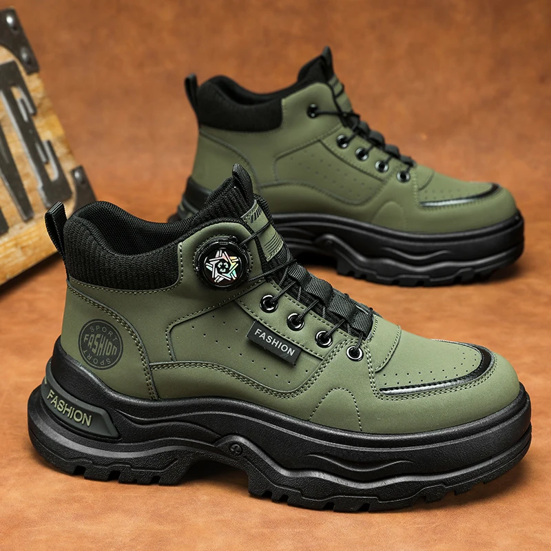 

Autumn High Top Men's Motorcycle Shoes Fashion Rotary Buckle Men Work Boots Platform Pu Leather Ankle Boots For Man Biker Shoes