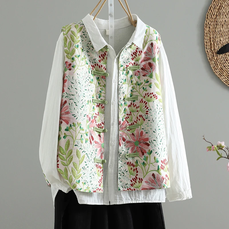 

Новый китайский жилет с вышивкой для больших размеров, женская весенняя верхняя одежда, универсальная блузка на пуговицах в национальном стиле