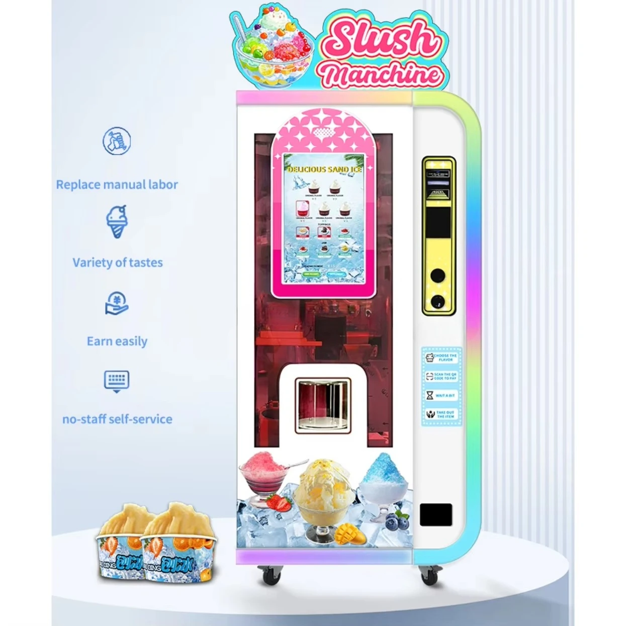 Automatic Soft Ice Cream & Fruits Smoothies Slush Cream Vending Machine with Multiple Payment Options and SDK Function