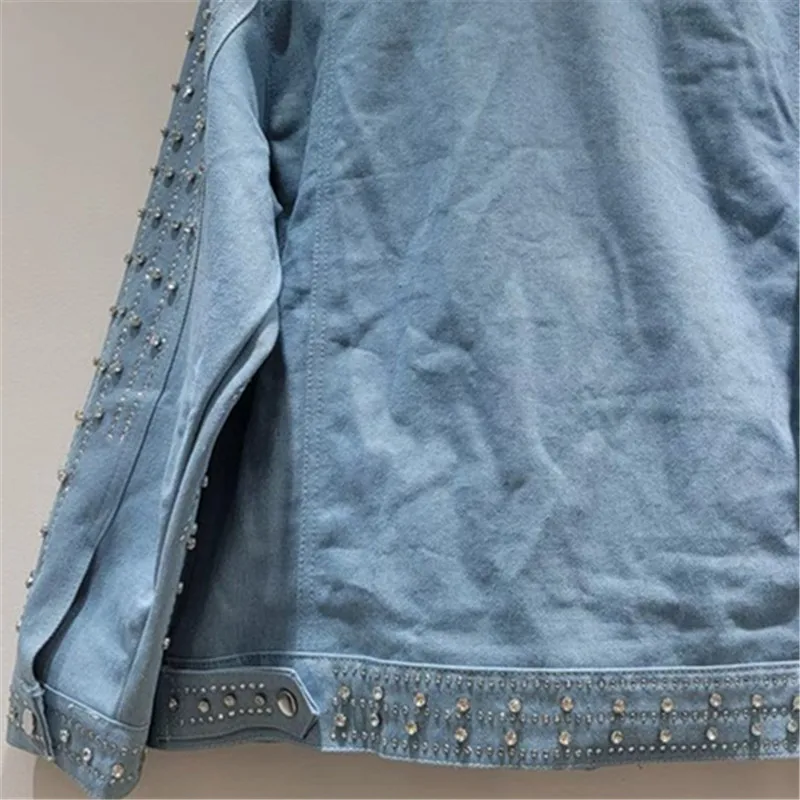 Chaqueta vaquera azul con cuentas de diamante para trabajo pesado, chaqueta vaquera holgada informal para primavera y otoño, chaqueta vaquera de manga larga con cuello vuelto para mujer