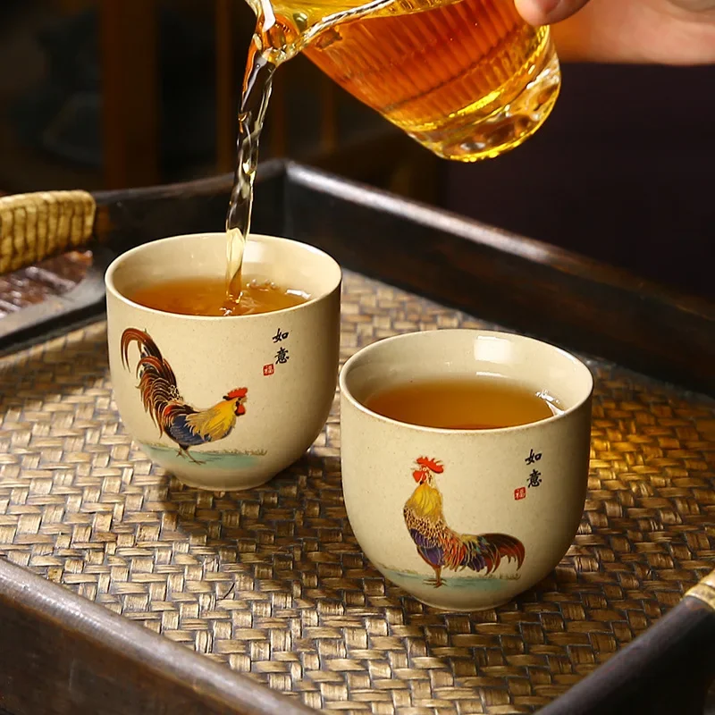 1 Pc Antique Handmade Ceramic Teacup Hand Painted Cock Pottery Tea Cup Travel Portable Tea Bowl Pu\'er Master Cup Chinese Tea Set