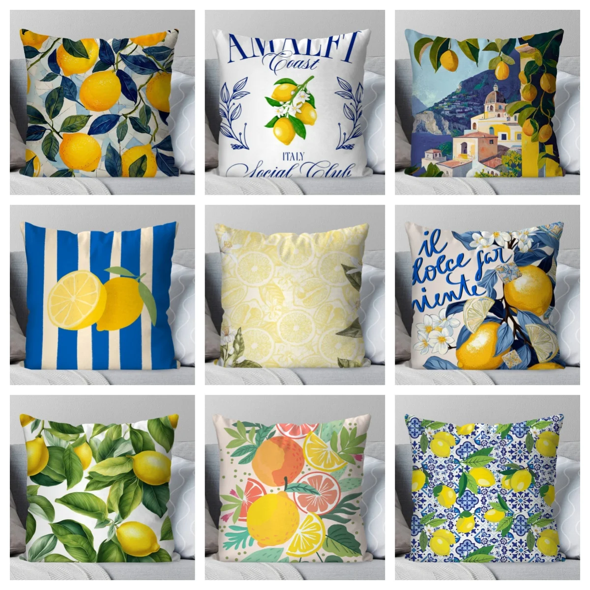 1 funda de almohada italiana con diseño de limón de la costa de Amalfi, poliéster con estampado 2D de doble cara, funda de cojín decorativa de verano para sofá y dormitorio