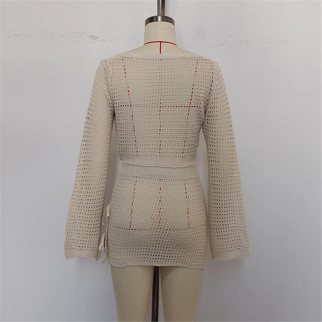 V-Ausschnitt, lange Ärmel, gehäkeltes Strickmuster, zweiteiliger Anzug, Strandkleid, Strandüberwurf, Strandmode, Damen, V6490 – Detail 19