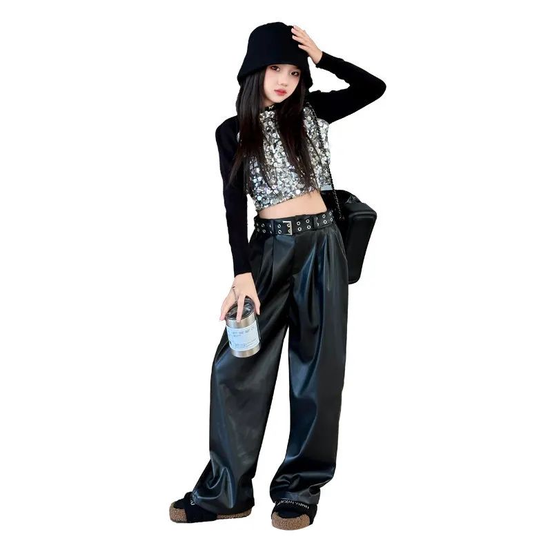 2024 New Fashion Teen Girls Sequined Knitwear Tops and Leather Wide Leg Pants 2PCS Suits Black Cool Children Jazz Outfits 5-14Y