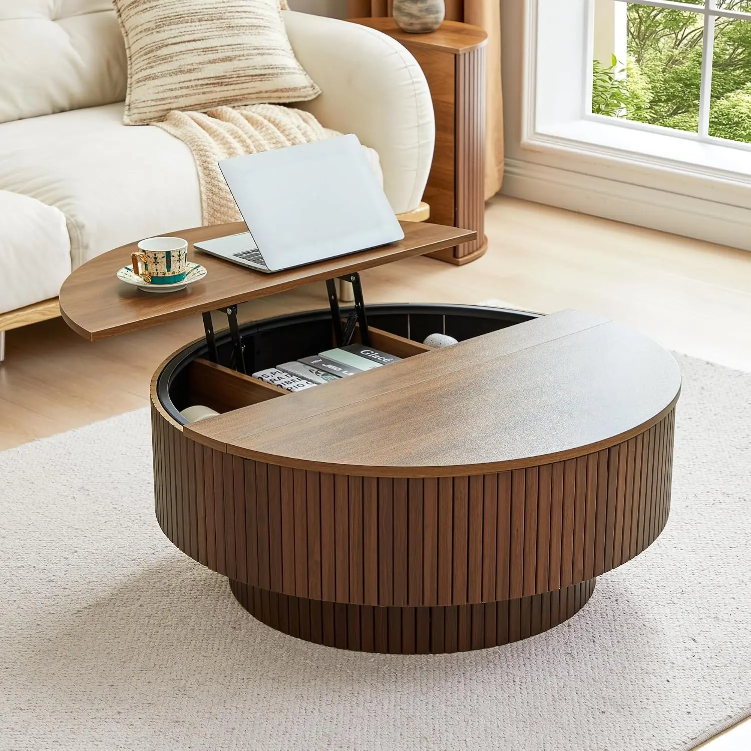 33 Inch Round Coffee Table With Lift Top And Flip Top Storage, Modern Accent Fluted Coffee Tables With Metal Frame, Wooden Circle Center Table For Living Room Small Space Apartment Office, Walnut
