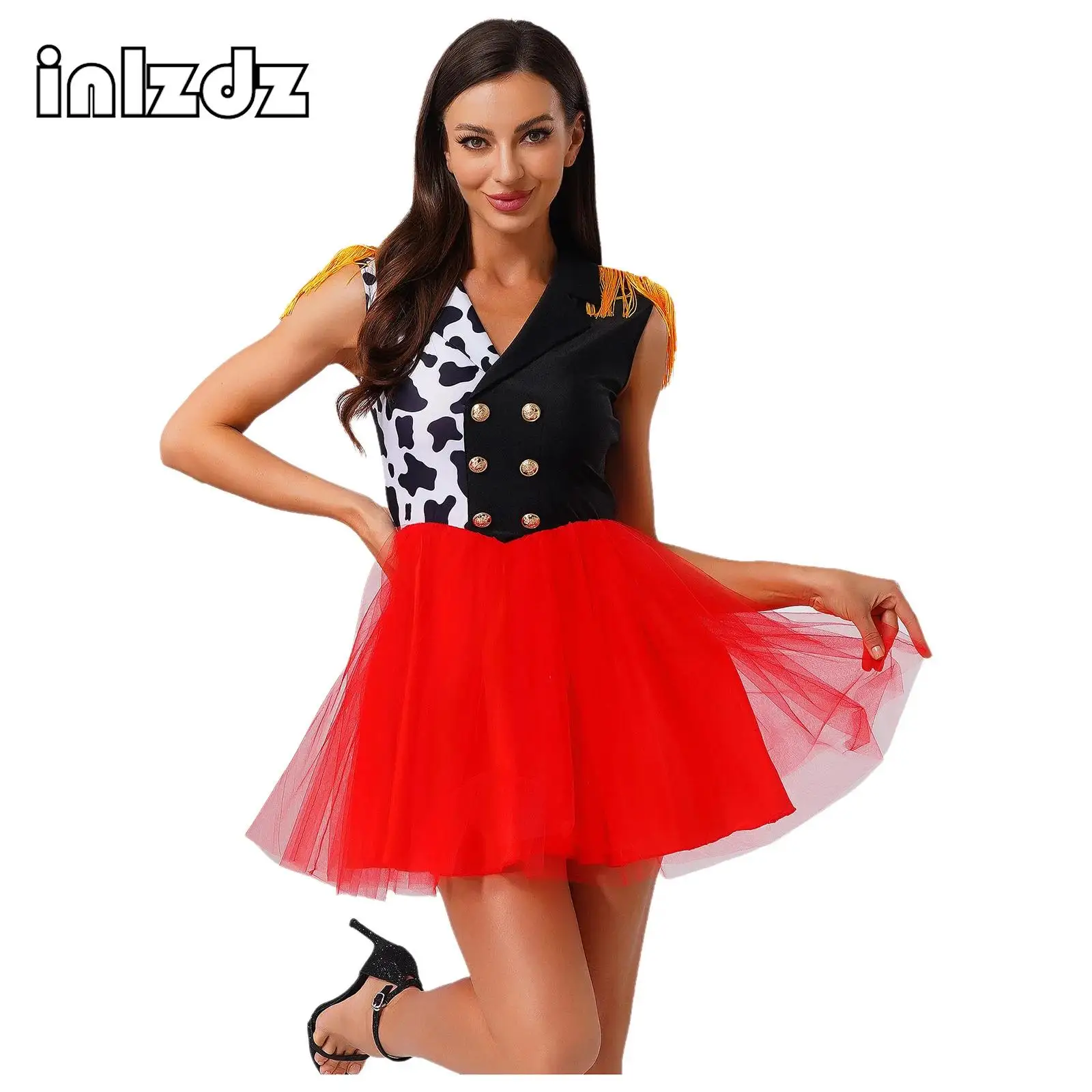 

Womens Killer Clown Circus Ringmaster Dress Halloween Carnival Cosplay Party Costumes Sleeveless Tassel Epaulets Tulle Hem Dress
