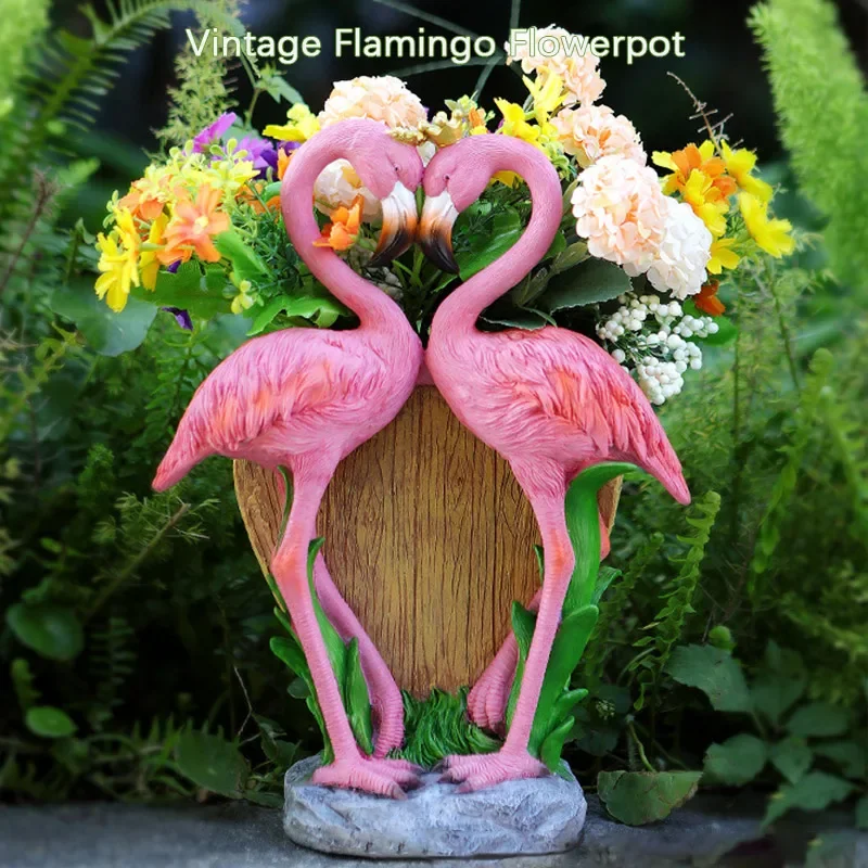 Sweet Couple Flamingo Flower Pot Lovers Flamingo Figurine Statue Garden Animal Bird Sculpture Ornament Home Outdoor Garden Decor